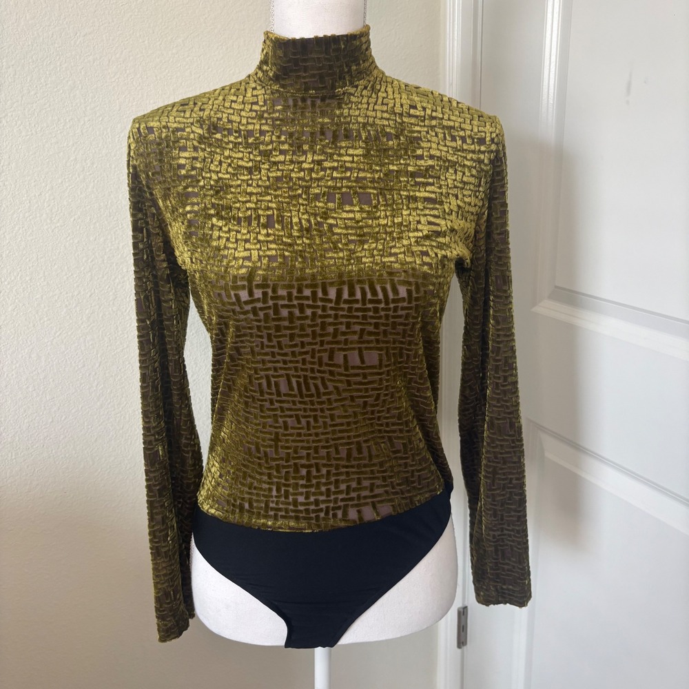 Cache Vintage Olive Green Burnout Velvet Mock Neck Bodysuit Geometric Size 2